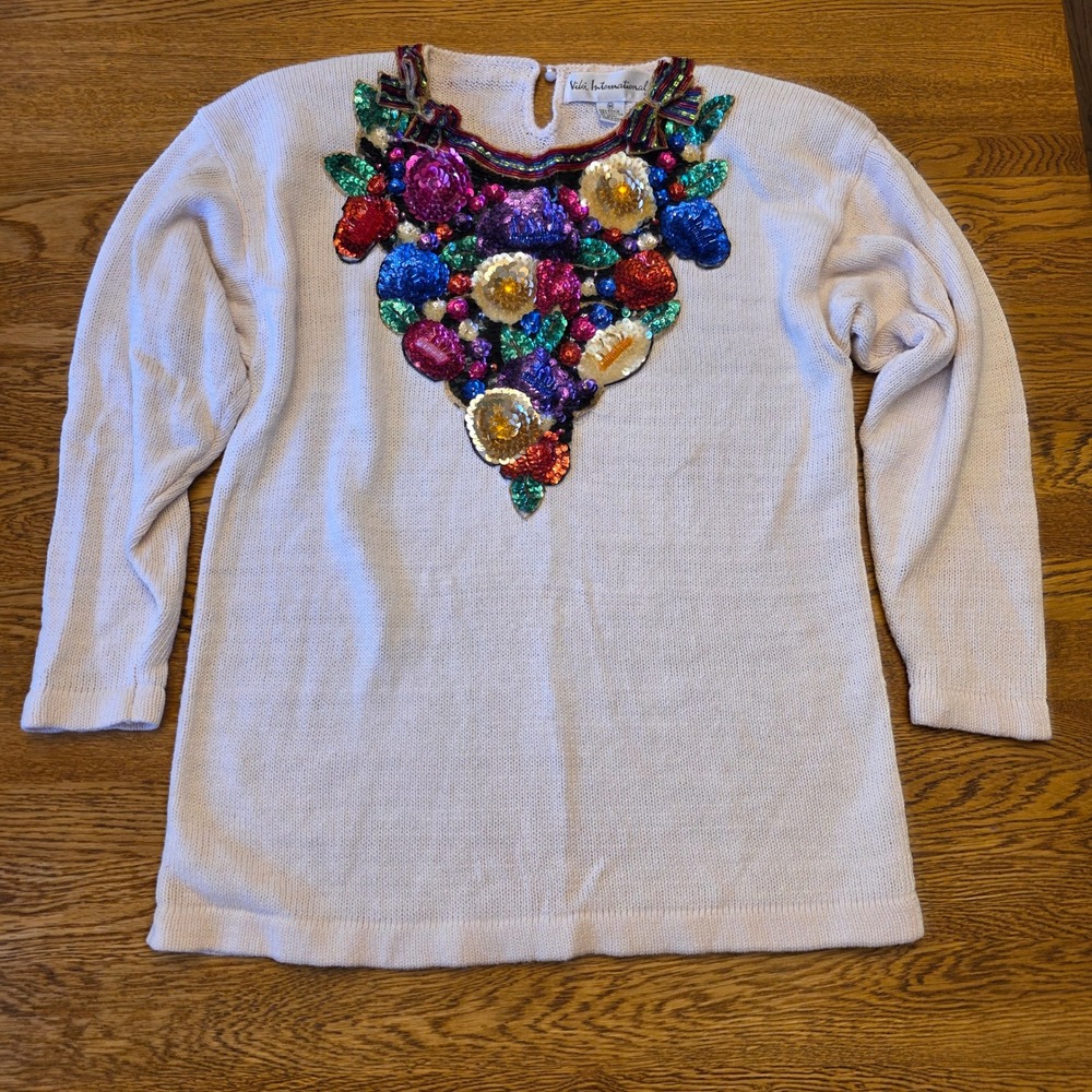 Vintage‎ M Viki International Beaded Sequin Embellished Sweater Cream 80s